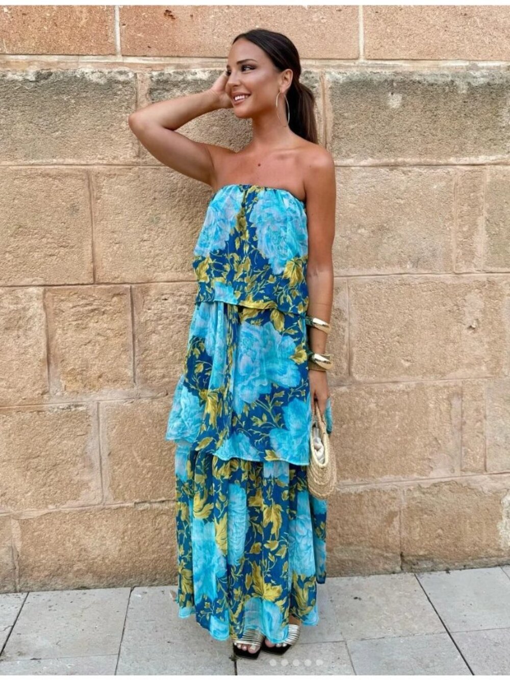 Zara Womens Strapless Maxi Dress XS Turquoise Floral Tiered Relaxed 3001/119 NWT
